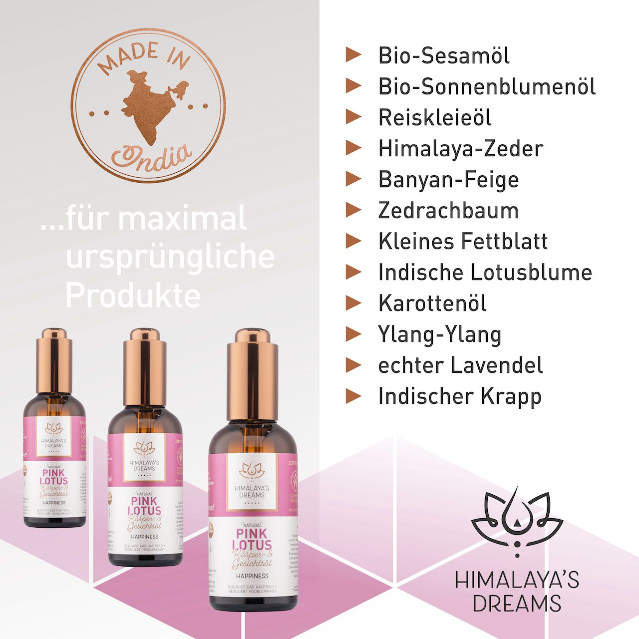 Ayurveda Körper- und Gesichtsöl Pink Lotus/Happiness 100ml / Bei Mischhaut & Akne