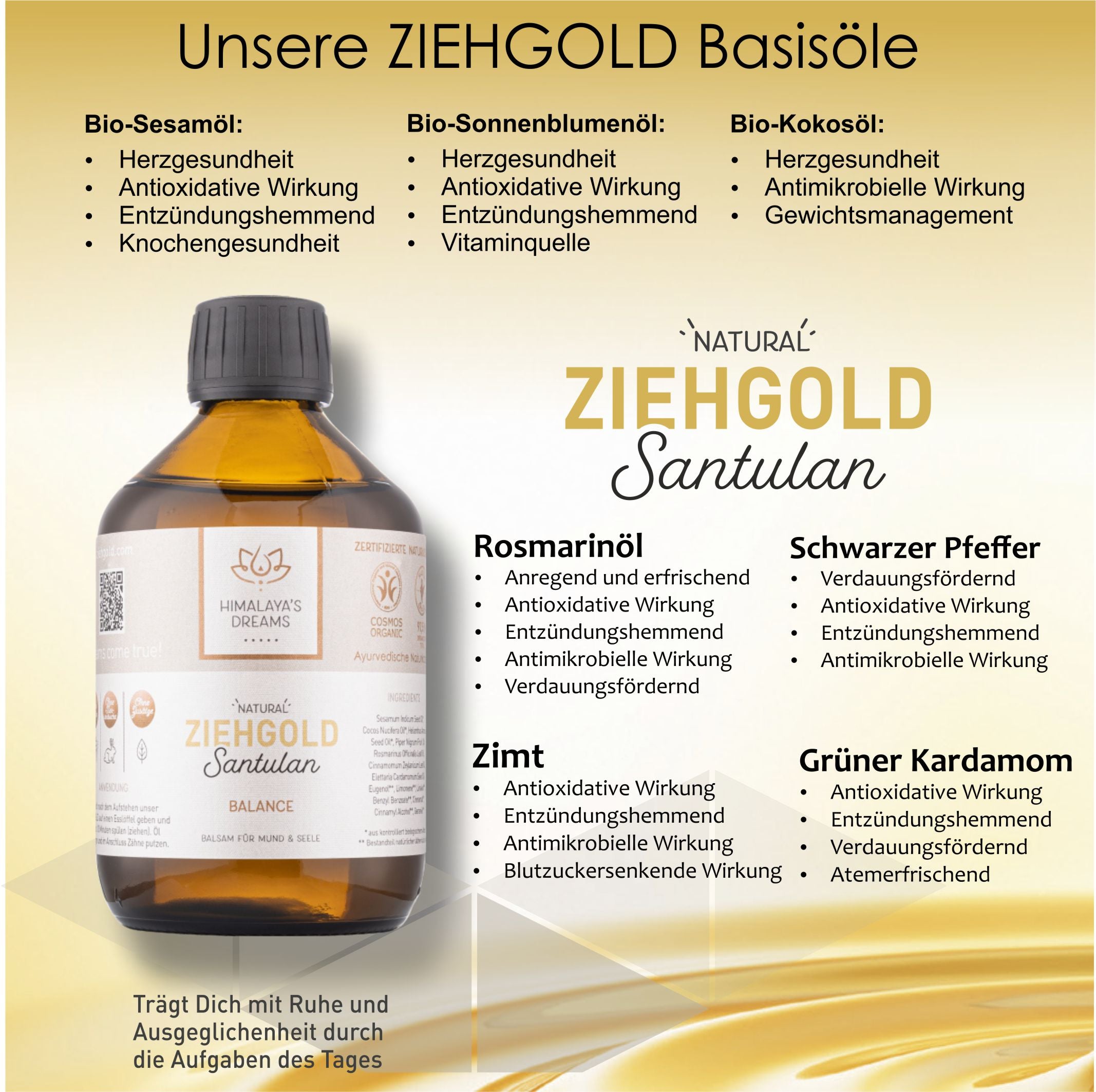 Ayurveda Ziehgold BALANCE 250ml mit sehr hohem BIO-Kokosöl Gehalt und vielen Gewüzen für ein noch effektiveres Ergebnis