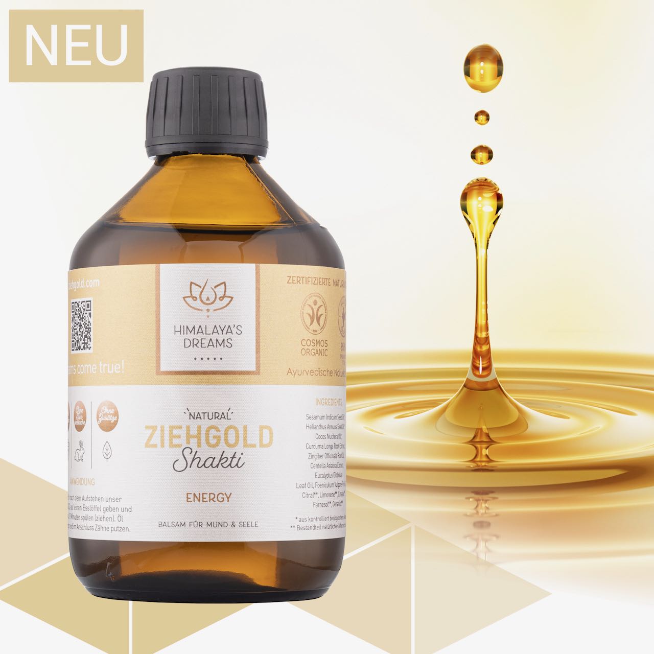 Ayurveda Ziehgold ENERGY 250ml BIO zertifiziert / Die beste Wahl für das effektivste Ölziehen. Mit ayurvedischen Ärzten entwickelt.